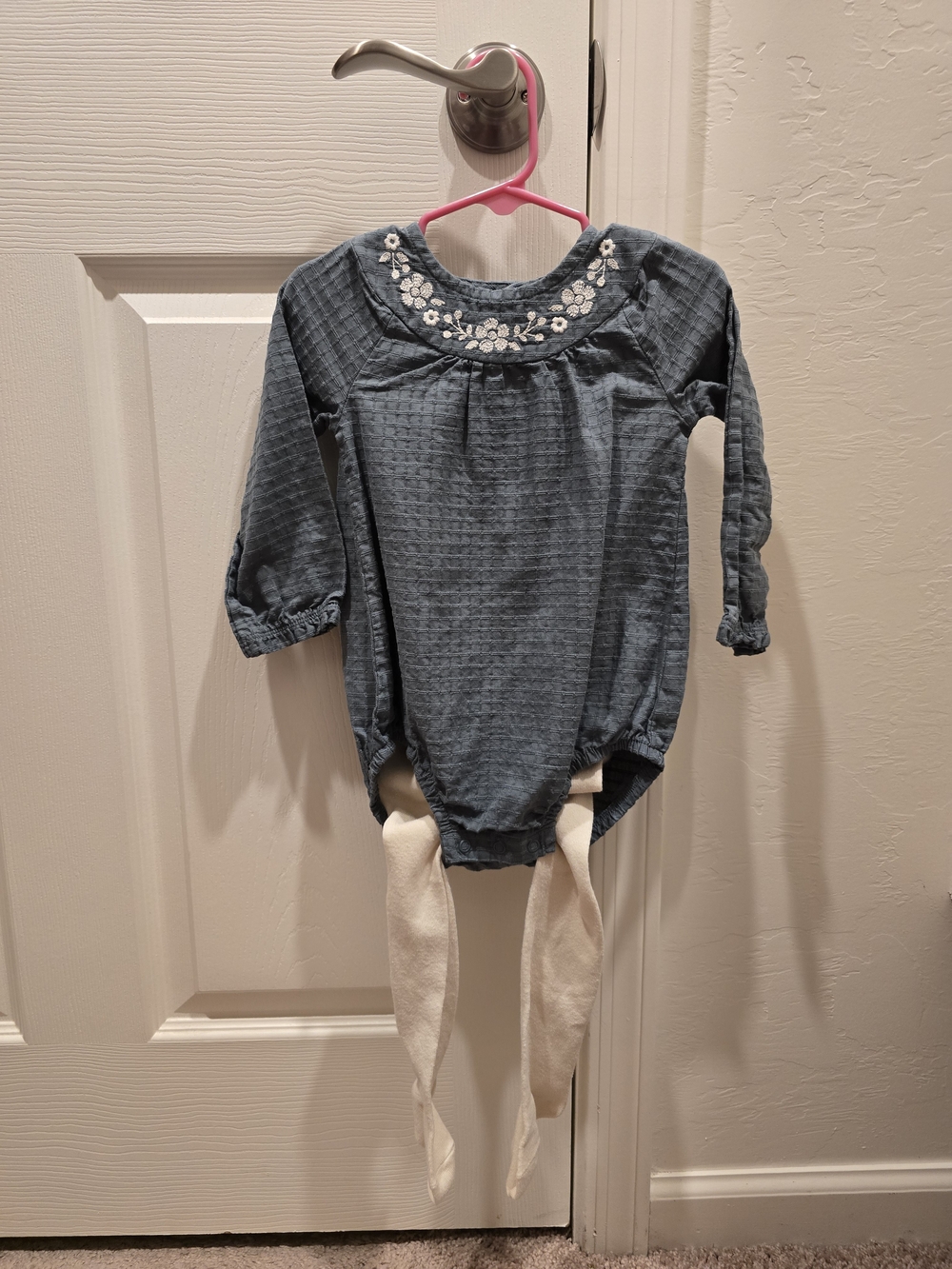 Carter's Blue Floral-Embroidered Long-Sleeve One-Piece